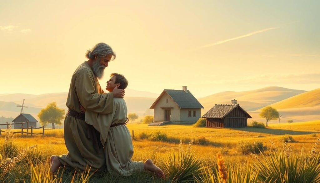 A serene biblical landscape, bathed in warm, golden light. In the foreground, a figure representing the Prodigal Son kneels humbly, his eyes downcast, as a loving father figure embraces him, offering forgiveness and redemption. In the middle ground, a lush garden with symbolic flora and fauna, conveying the themes of renewal and restoration. The background features a majestic church or temple, its stained-glass windows casting a soft, ethereal glow, representing the divine presence and the teachings of the Bible. The overall composition evokes a sense of peace, compassion, and the transformative power of forgiveness. A Parábola do Filho Pródigo