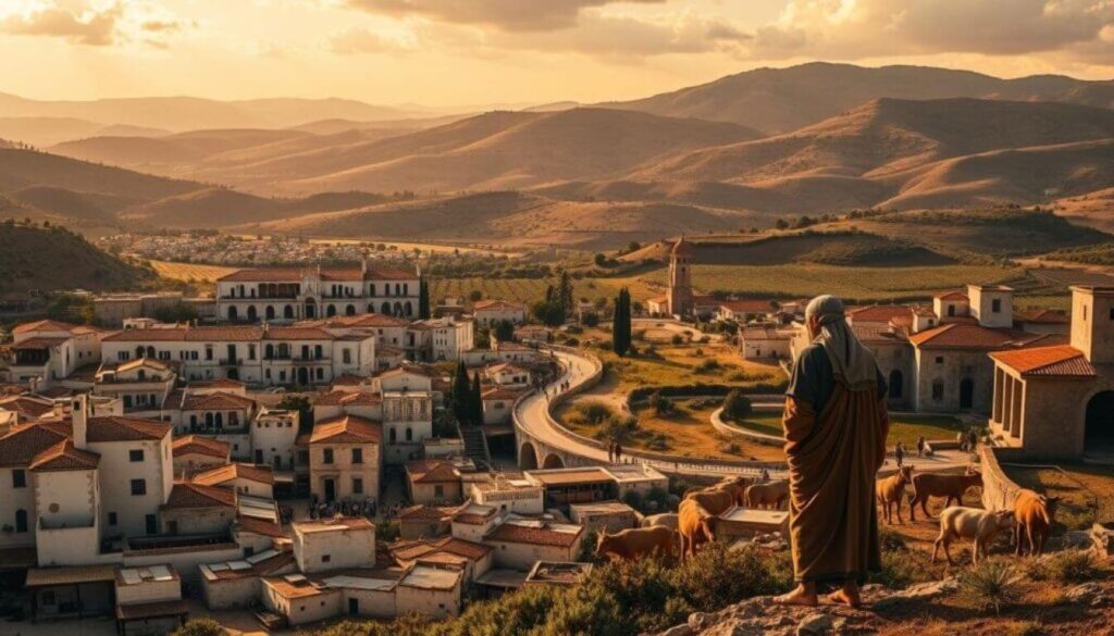 A vivid historical scene depicting the cultural context of the Parable of the Prodigal Son. In the foreground, a sprawling ancient Mediterranean town with whitewashed buildings, terracotta roofs, and bustling marketplace stalls. In the middle ground, a wealthy family's estate, with servants tending to livestock and laborers working the vineyards. In the background, rolling hills dotted with olive groves, under a warm, golden-hour sky. The mood is one of prosperity, tradition, and the social divides of the time period. Dramatic chiaroscuro lighting casts dramatic shadows, highlighting the story's themes of loss, redemption, and the importance of familial bonds. A Parábola do Filho Pródigo