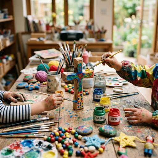 Mãos de crianças a criar artesanato e a pintar, representando as atividades bíblicas lúdicas na pedagogia cristã.