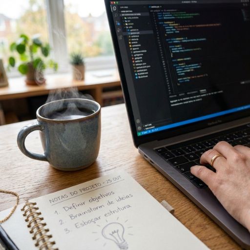 Ambiente de trabalho com um portátil e café, convidando líderes a juntarem-se à comunidade de pedagogia cristã.