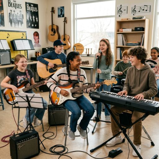 Grupo de pré-adolescentes a participar numa dinâmica musical, adaptando a pedagogia cristã para jovens e adolescentes.
