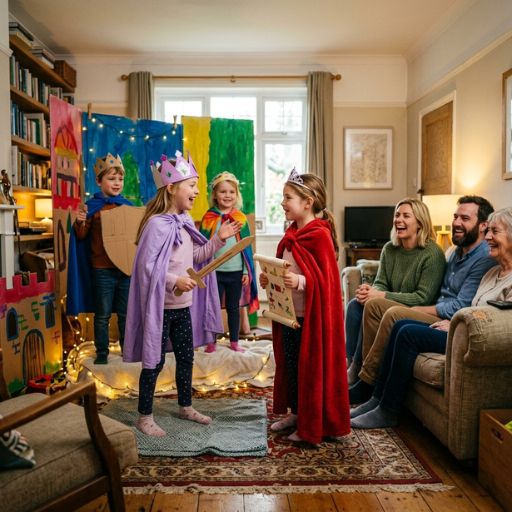Crianças a encenar uma peça de teatro em casa, uma estratégia prática de união entre fé e arte para crianças.