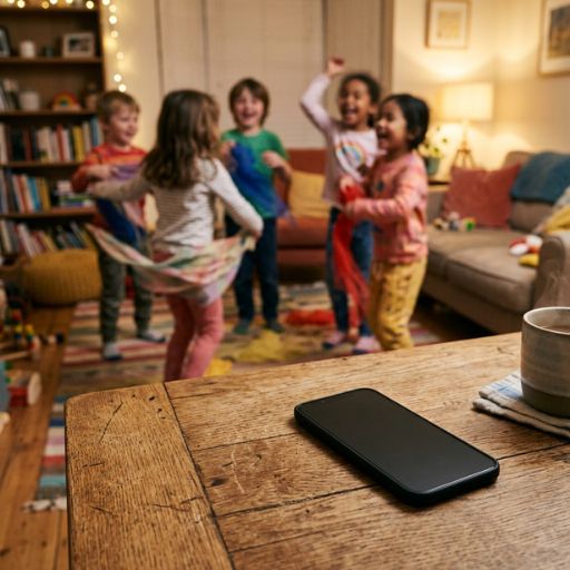 Smartphone desligado sobre a mesa com crianças a brincar no fundo, ilustrando como vencer o consumo passivo de telas no discipulado infantil.