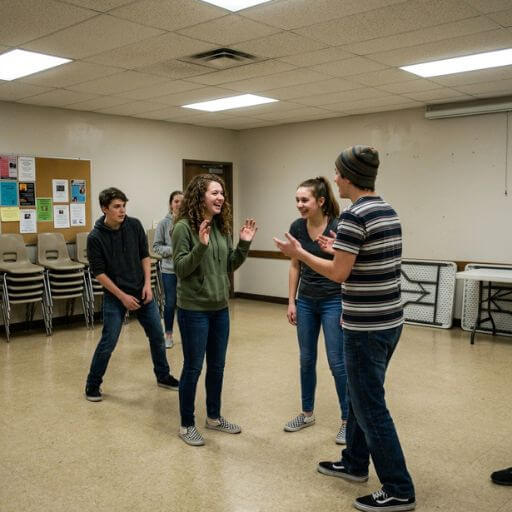 Jovens num salão comunitário a fazerem um exercício de teatro improvisado.