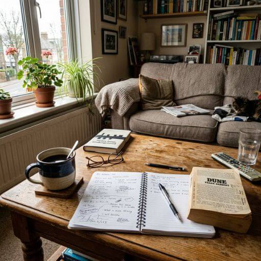Mesa de uma sala comum com cadernos abertos, livros e uma chávena de café, mostrando a rotina real de estudos em casa.