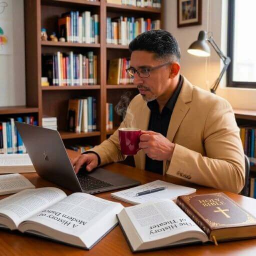 Faustino estudando no seu escritório com um computador e vários livros na mesa.