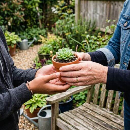 Fotografia aproximada das mãos de um adulto a entregarem uma pequena planta no vaso às mãos de um jovem.
