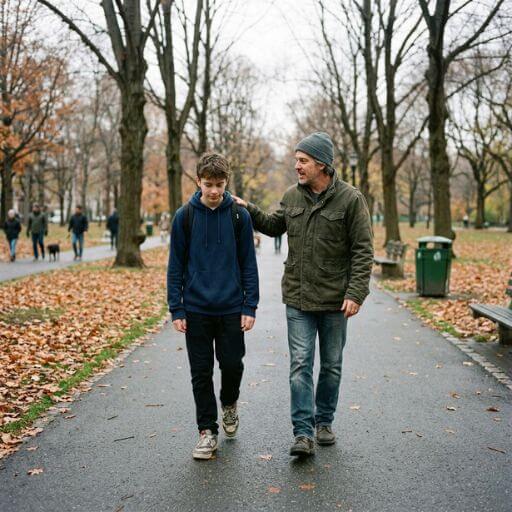 Fotografia do quotidiano de um pai e filho adolescente a caminharem juntos num parque, a conversarem naturalmente.